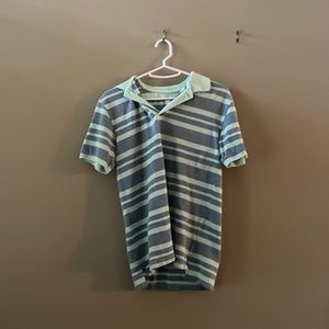 Blue and aqua striped polo style shirt.
